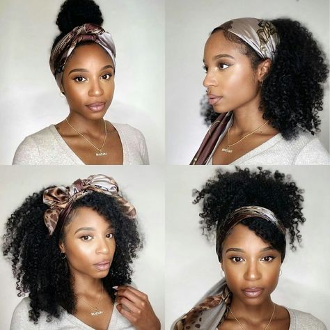 Black Woman Headband, How To Style A Scarf In Your Hair Black Women, Curly Headband Wigs For Black Women, Black Women Hair Scarf Styles, Braid Headband Hairstyle Black Women, Silk Headband Hairstyles, Headband Wigs For Black Women Styles, Headband On Natural Hair, Afro Headband Wig