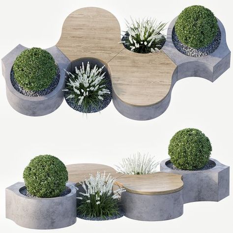 Bench with Plants - Urban Furniture 02 Organic Urban Design, Organic Bench Design, Small Park Design Ideas, Gathering Space Design, Bench Landscape, Urban Furniture Bench, Concrete Furniture Design, Plant Bench, Bench Planter