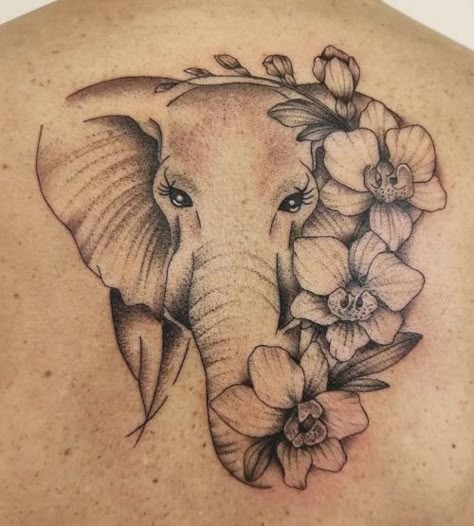 rose pedals elephant tattoo Elephant Flower Tattoo, Elephant With Flowers, Elephant Thigh Tattoo, Calf Tattoos For Women, Elephant Family Tattoo, Mandala Elephant Tattoo, Tats Ideas, Elephant Tattoo Design, Mommy Tattoos