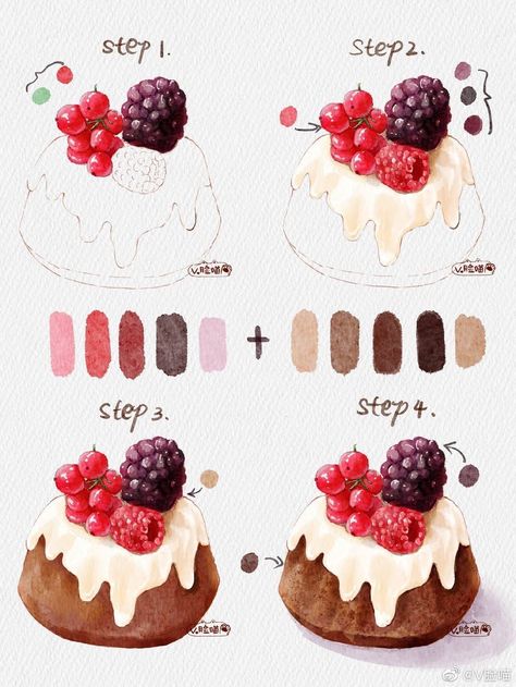 Soft Illustration, Watercolor Basic, Watercolor Food Illustration, Desserts Drawing, Food Art Painting, Dessert Illustration, Cake Drawing, Step By Step Watercolor, Food Sketch