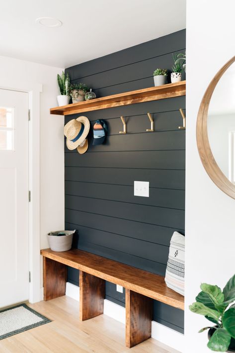 Black Shiplap Entryway, Shallow Entryway Ideas, Narrow Mudroom Ideas Entryway Garage, Narrow Hallway Entry Ideas, Entryway Ideas Hooks, Paneling Entryway, Narrow Entry Way Ideas, Coat Hanging Ideas Entryway, Entryway Feature Wall