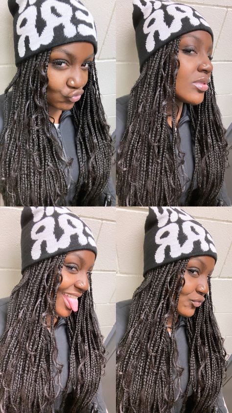 goddess braids & beanie hat Beanie Over Braids, Braids And Beanies Hair Hairstyles, Beanie With Braids Outfit, Beanie On Braids, Beanies With Braids, Beanie Braids Hairstyles, Braids With Beanie Hairstyles, Locs With Beanie, Braids And Beanie