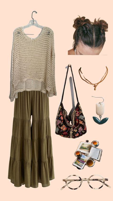 Queer Sapphic Fall Outfit Fall Fairy Outfit Ideas, Free Spirit Aesthetic Outfit Winter, November Beach Outfit, Cozy Boho Outfit, Folksy Outfit, Boho Granola Outfits, Momcore Outfits, Hippie Granola Outfits, Sapphic Fashion