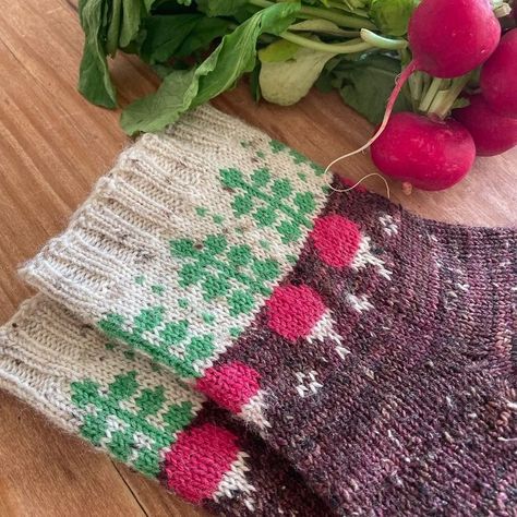 Decor Knitting Patterns, Cute Knitting Projects For Beginners, Radish Crochet Pattern, Cute Knitted Socks, Moth Knitting Pattern, Colorwork Socks Knitting, Knit Socks Colorwork, Colorwork Sock Knitting Pattern, Beautiful Knitting Patterns