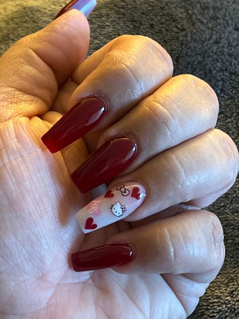 Hello Kitty Vday Nails, Hello Kitty Valentines Nails, Hello Kitty Nails Red, Red Hello Kitty Nails, Kitty Nails, Dark Red Nails, Hello Kitty Nails, Cat Valentine, Valentines Nails