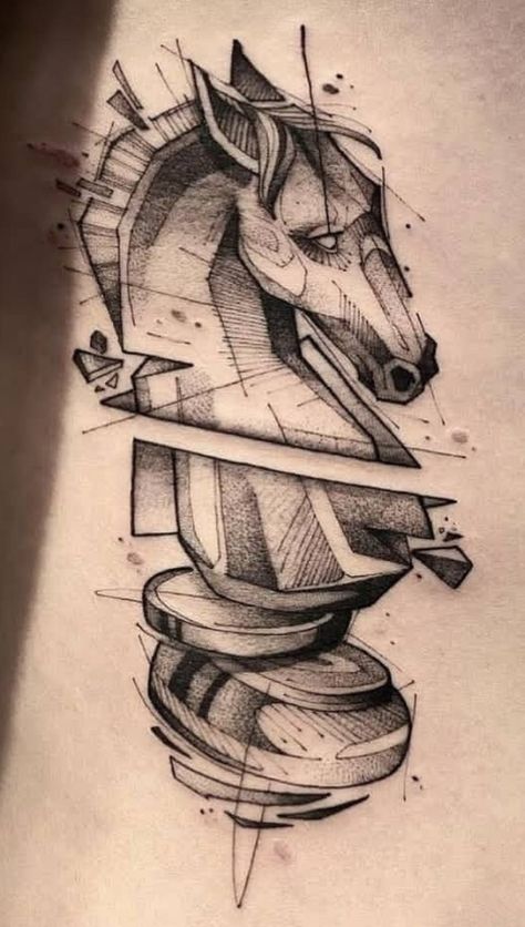 Horses Sketch, Geometric Tattoo Horse, Chess Piece Tattoo, Piano Tattoo, Chess Tattoo, Wizard Tattoo, Horse Tattoo Design, Knight Tattoo, Tattoo Old School