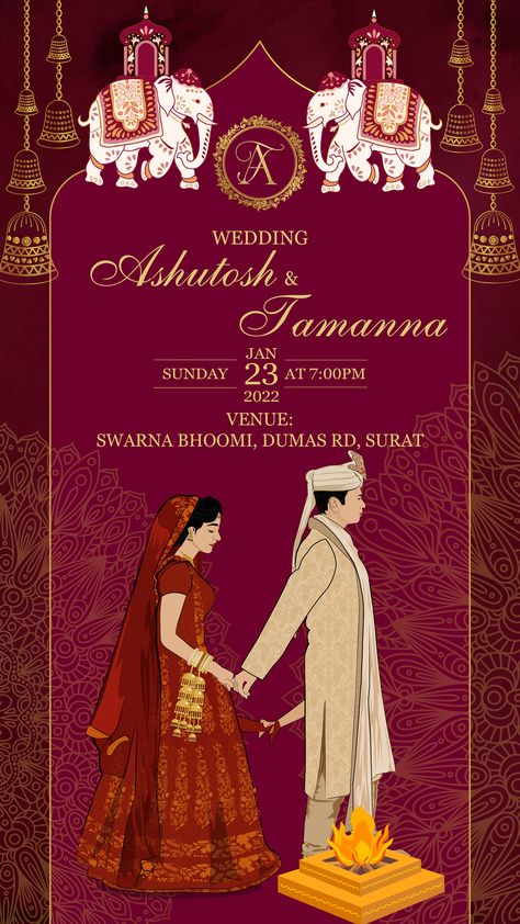 Wedding Invitation Card - Indian Wedding Card Design on Behance Indian Wedding Template Background, Indian Wedding Card Template Free, Unique Wedding Cards Indian, Kankotri Ideas, Indian Wedding Card Design, Creative Wedding Invitations Design, Modern Indian Wedding Invitations, Wedding Illustration Card, Hindu Wedding Invitation Cards