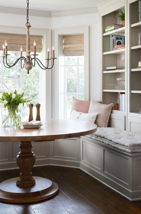 Chip & Joanna Gaines' Mountain Home | Lark & Linen Interior Design and Lifestyle Blog Breakfast Nook Bay Window, Casa Rock, Dining Light Fixtures, Breakfast Nook Table, Nook Table, Table Lighting, Farmhouse Light Fixtures, Banquette Seating, Dining Nook