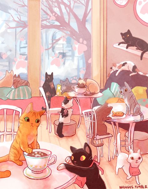 Cat Cafe Design Coffee Shop, Cat Cafe Wallpaper, Cafe Background Drawing, Cute Cafe Background, Cat Cafe Illustration, Cat Cafe Drawing, Cafe Art Illustration, Cat Cafe Aesthetic, Cat Cafe Ideas