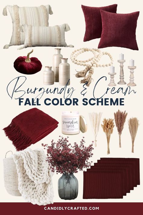 Mood board showing fall home decor in a burgundy and cream fall color scheme. Items include pillow covers in cream and burgundy, burgundy felt pumpkin, cream vases, cream wood beads, cream candle holders, burgundy and cream blankets, pumpkin spice candle, dried pampas, burgundy baby's breath flowers and burgundy placemats. Cream Fall Decor, Modern Patio Decor, Burgundy Decor, Cozy Fall Aesthetic, Burgundy Living Room, Burgundy Pillows, Fall Color Schemes, Patio Decor Ideas, Orange Pillow Covers