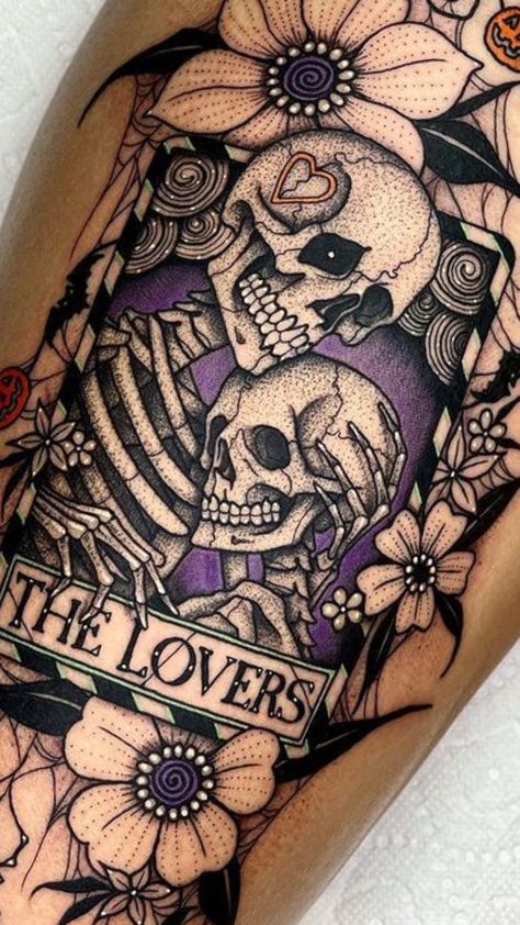 Halloween tattoo #tattooart #tattooedwomen #tattoomoodboard #tattooaesthetic Skull Thigh Tattoo Women, Aiygiwgwyaiydiwdwy Tattoo, Halloween Sleeve Tattoo For Women, Skeleton Tattoos For Women, The Lovers Tattoo, Skeleton Couple Tattoo, Skull Couple Tattoo, Skull Thigh Tattoos, Calf Tattoos For Women