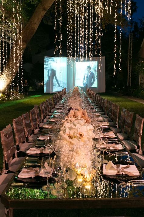 Big screen slide show at this outdoor event with hanging lights Sophisticated Wedding Reception, Unique Wedding Receptions, Wedding Reception Ideas, Outdoor Wedding Reception, Outdoor Reception, Outdoor Wedding Decorations, Long Table, Mod Wedding, Wedding Dinner