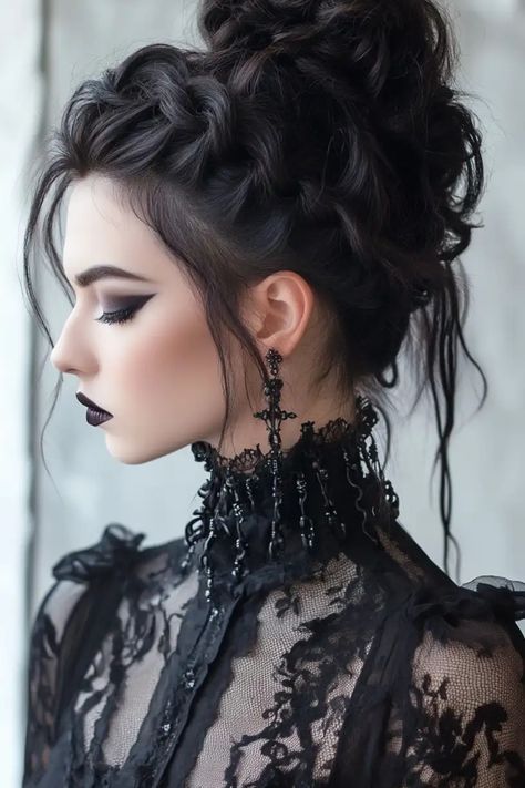 Woman with elaborate gothic makeup and hairstyle in black lace outfit. Victorian Hair Updo, Witches Hairstyles Halloween, Vampire Girl Hairstyles, Gothic Vampire Hairstyles, Masquerade Mask Hairstyles, Vampire Hair Updo, Vampiric Hairstyles, Victorian Goth Hair, Long Black Hair Styles Ideas