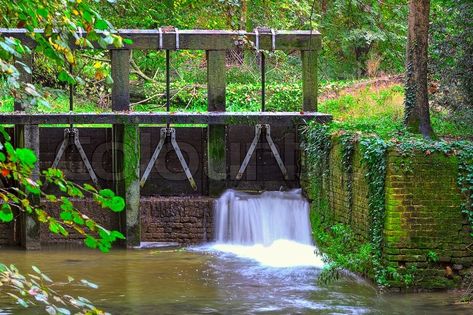 Wooden dam, small waterfall and forest stream at Racconigi park in autumn in Piedmont, Northern Italy. | Stock Photo | Colourbox on Colourbox Park In Autumn, Garden Stream, Forest Stream, Water Dam, Italy Images, Log Cabin Designs, Pool House Plans, Piedmont Italy, Small Waterfall