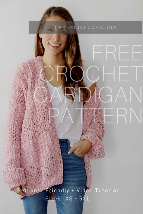 Pink Crochet Cardigan, Free Crochet Cardigan, Modern Haken, Velvet Crochet, Crochet Cardigan Free, Crochet Cardigan Pattern Free, Gilet Crochet, Crochet Cardigan Sweater, Crochet Sweater Pattern Free