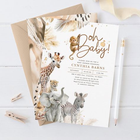 $2.92 - Baby Animals Jungle Safari Wild Cute Baby Shower - jungle safari animals baby shower, tropical wild one fun cute, little animals brown beige gold, sweet baby animals oh baby, gender neutral trendy wildlife, pampas grass soft africa zoo, little elephant and giraffe, baby monkey and zebra, little leopard adorable african, botanical wilderness savanna forest Safari Animal Cutouts, Neutral Safari Baby Shower Ideas, Animal Theme Baby Shower Ideas, Animal Themed Baby Shower Ideas, Boho Safari Baby Shower Ideas, Giraffe Baby Shower Theme, Watercolor Pampas, Giraffe Baby Shower Invitations, Jungle Safari Baby Shower