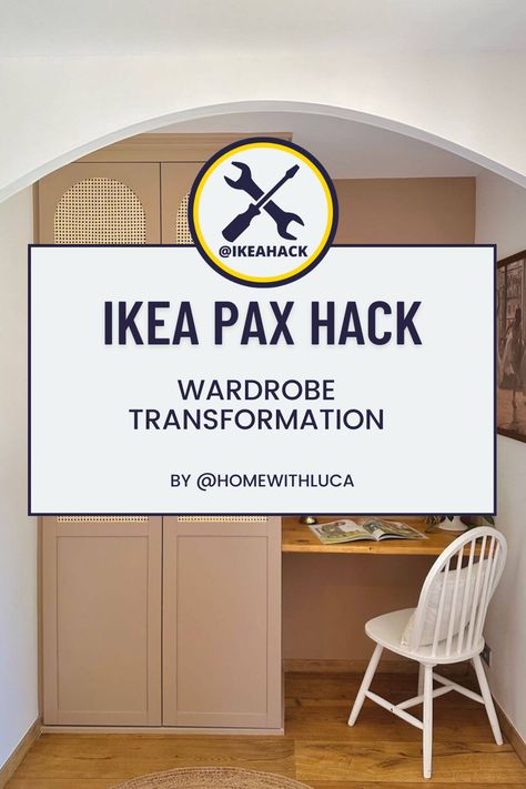 Ikea Pax And Desk, Visthus Ikea Hack, Pax 75 Cm Ikea Door Hack, Pax Office, Wardrobe Transformation, Hidden Desk, Office Hacks, Desk Hacks, Ikea Pax Wardrobe