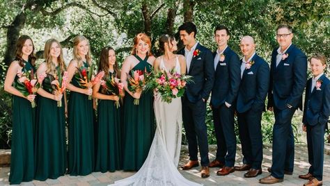 Bridesmaid Dresses With Groomsmen, Dark Teal Bridesmaid, Dark Teal Wedding, Dark Teal Bridesmaid Dresses, Bridal Party Colors, Dark Teal Weddings, Pink Bridal Party, Teal Wedding Colors, Tropical Wedding Bouquets