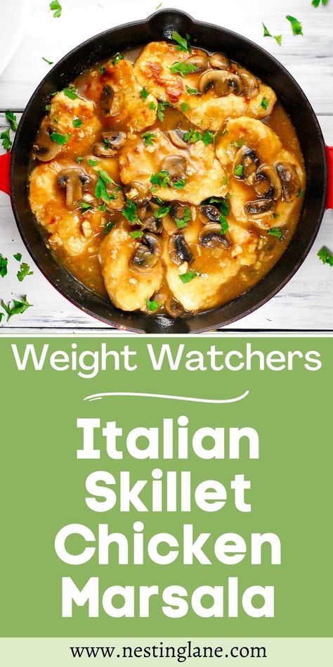 Indulge in the delightful Weight Watchers Italian Skillet Chicken Marsala - a guilt-free blend of nutritious ingredients and Italian flavors. Enjoy perfectly seasoned, golden-seared chicken simmered in a delectable Marsala wine sauce with tender mushrooms. Ideal for those on Weight Watchers, this low-fat dish pairs well with a side of steamed vegetables, a crisp green salad, or whole grain pasta. Discover this easy-to-make, crowd-pleasing dinner. Weight Watchers Chicken Marsala, Ww Chicken Marsala Recipe, Weight Watchers Chicken Marsala Recipe, Italian Chicken Breast Recipes, Italian Skillet, Flavorful Chicken Breast Recipes, Chicken Recipes With Tomatoes, Low Fat Chicken Recipes, Chicken Breast Dishes