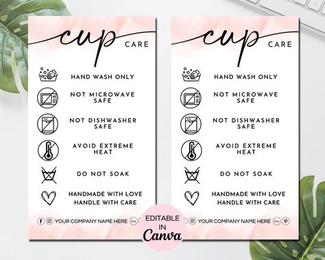 Care Cards For Tumblers, Sublimation Care Instructions, Care Instructions For Vinyl Cups, Care Cup Instructions, Cup Business Ideas, Cup Care Instructions Free, Tumbler Care Instructions Free Printable, Tumbler Packaging Ideas, Custom Cup Ideas