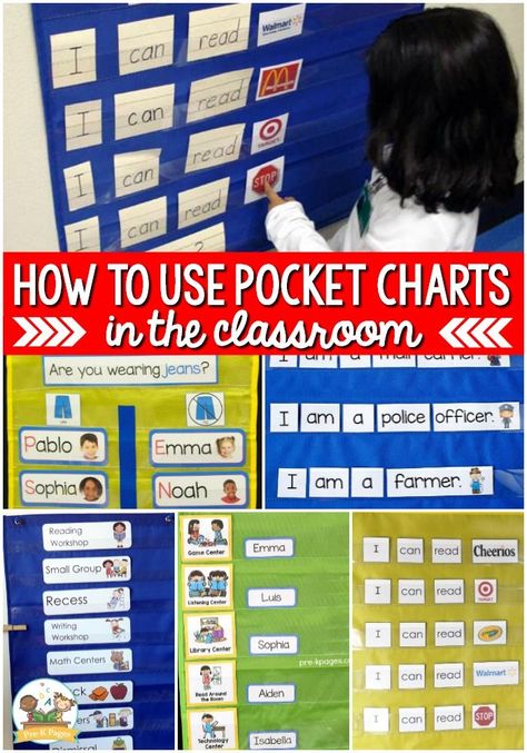 How to Use Pocket Charts in the Preschool, Pre-K or Kindergarten Classroom. Pocket chart ideas and activities. #preschool #literacy #ece Preschool Management, Fall Prek, Tk Classroom, Pocket Chart Center, Kindergarten Organization, Preschool Charts, Classroom Preparation, Pocket Chart Activities, Pocket Charts