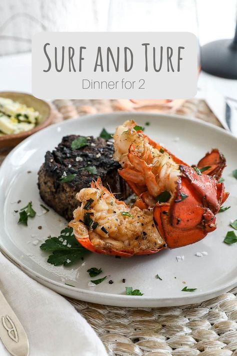 A recipe for surf and turf - filet mignon and lobster tails glazed with a chive honey butter. Surf And Turf Dinner, Pan Seared Filet Mignon, Romantic Dinner At Home, Chive Butter, High Heat Cooking Oil, Steak And Lobster, Honey Chocolate, Dinner For 2, Butter Honey