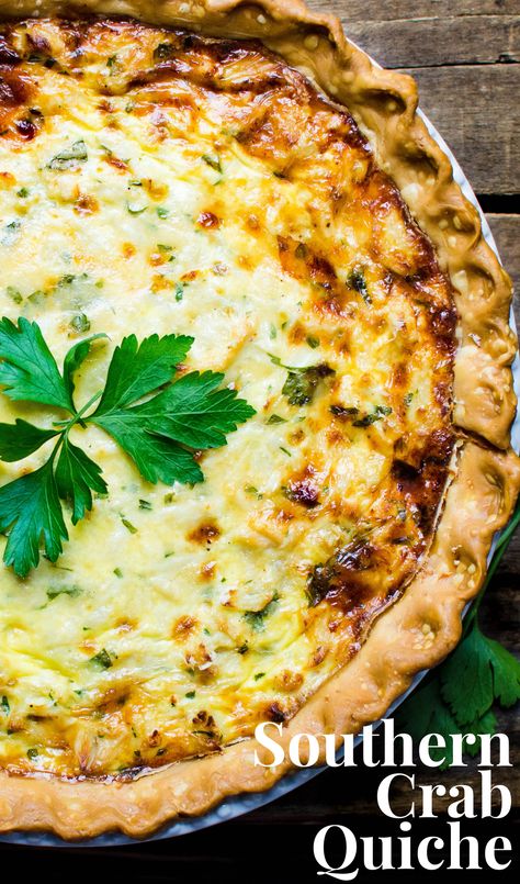 a crab quiche on a board. Seafood Dishes For Easter, Quiche Recipes Crab, Crab And Shrimp Quiche Recipes, Crab Main Dish Recipes, Seafood Quiche Recipes Crab Meat, Crab And Spinach Quiche, Seafood Quiche Recipes Shrimp, Crab Brunch Recipes, Southern Crab Pie