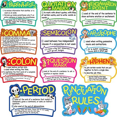 Punctuation Bulletin Board, Punctuation Posters Classroom, Free Printable Punctuation Posters, Softboard Ideas, Grammar Wall, 4th Grade Reading Worksheets, Punctuation Posters, Punctuation Rules, Rules Poster