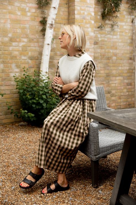 Dress With Vest Outfit Winter, Graham St Fashion, Autumn 23 Fashion, Gingham Dress Winter, Plaid Dress Outfit Fall, Winter Dresses Outfit, Layered Dress Outfit, Sweaters Over Dresses, Shirt Dress Winter