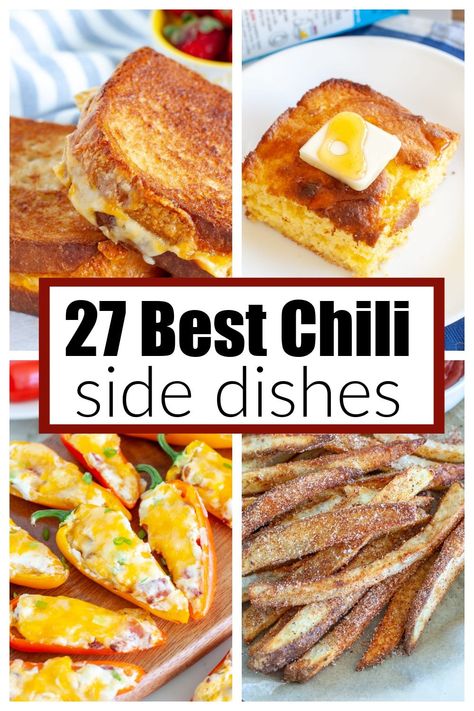 Want to know what side dish to serve with your big bowl of chili? Try one of these delicious 27 chili side dishes to round out your chili dinner. From classics like cornbread to others like cheesy roll-ups or quesadillas. Side Dishes With Chili Dinners, Chili Potluck Side Dishes, Side Dishes For Chili Dinners, Side Dishes That Go With Chili, Chili Cook Off Party Ideas, Sides With Chili Dinners, Side Dish For Chili Party, What To Serve With Chili Meals, Things To Serve With Chili