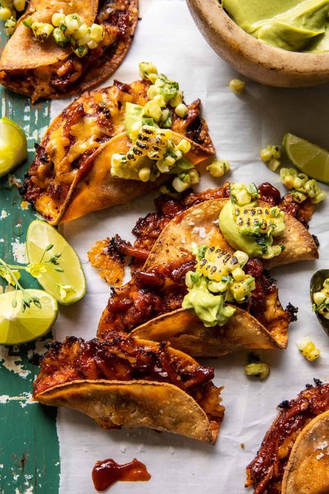 Bbq Chicken Tacos, Beer Bbq Sauce, Cilantro Garlic Sauce, Mexican Corn Salad, Half Baked Harvest Recipes, Charred Corn, Chicken Crispy, Crispy Tacos, Spicy Corn