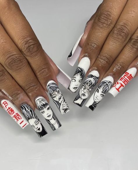 Tomie Nails, Junji Ito Tomie, Long Red Nails, Nail Art Acrylic, Witchy Nails, Art Nail Art, Lilac Nails, Gothic Nails, Anime Nails