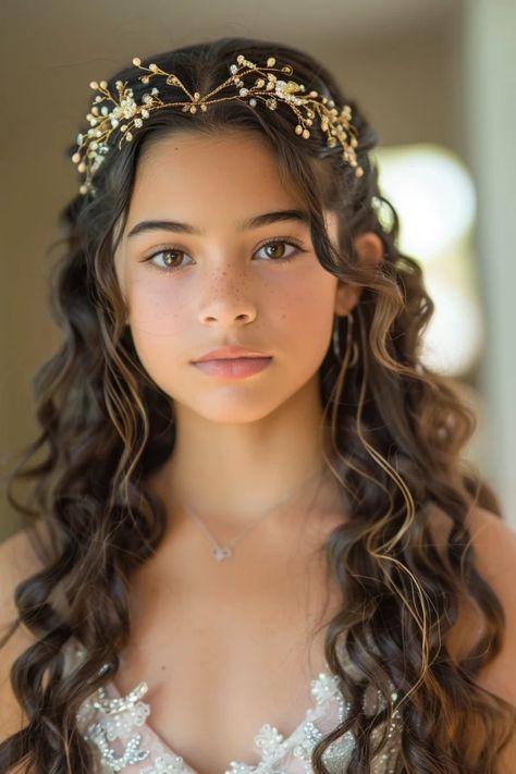 25 Cute Hairstyles For Quinceaneras That Will Make You Feel Like a Princess Baptism Hair Ideas Girl, Hairstyles For Birthday Girl, Hair Down Quinceanera Hairstyles, Short To Long Hair, Butterfly Hairstyle, Ninth Birthday, Natural Hair Wedding, Quinceañera Ideas, Pageant Hair