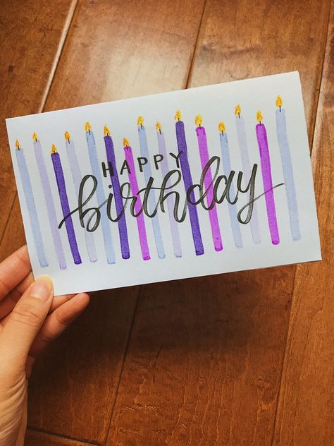 Brush Lettering Birthday Card, Lavender Birthday Card Ideas, Diy Watercolor Birthday Cards Simple, Super Easy Birthday Cards, Happy Birthday Hand Lettering Card, Brush Pen Birthday Card, Birthday Card Ideas For Friends Handmade Easy, Candle Birthday Card, Hand Lettering Birthday Card