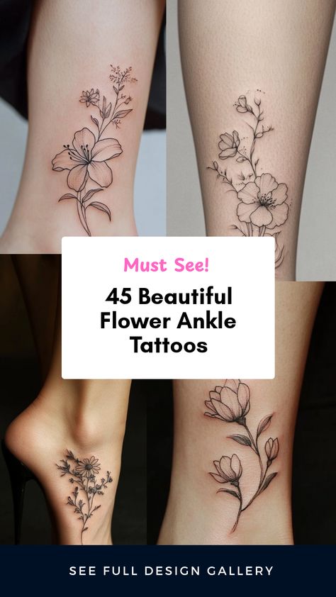 Explore 45 flower ankle tattoo designs in this pin featuring beautiful illustrations. Perfect for those looking for inspiration and creativity for their next tattoo! Womens Ankle Tattoo Ideas, Fine Line Foot Tattoo, Ankle Coverup Tattoos For Women, Small Tattoos Ankle, Tattoos For Ankle, Feminine Ankle Tattoos, Bird Ankle Tattoo, Charm Anklet Tattoo, Flower Ankle Tattoos