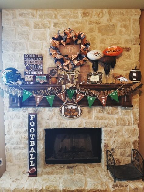 Football Mantle Decor Fireplaces, Football Mantel Decor, Football Mantle Decor, Fall Football Decor Ideas For The Home, Football Home Decor Diy, Football Season Decor Diy, Football Front Porch Decor, Football Season Decor, Football Mantle