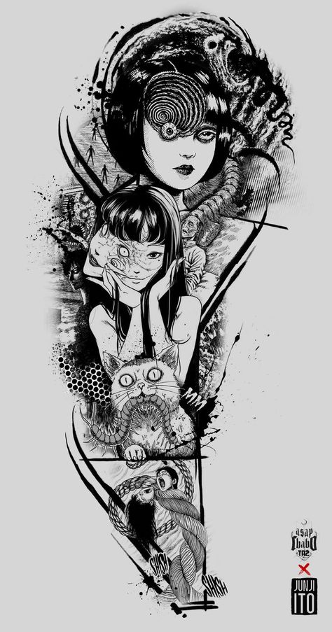 Junji Ito Tattoo Sleeve, Uzumaki Tattoo Junji Ito, Yakuza Tattoo Design Japanese Style, Japanese Horror Tattoo, Junji Ito Tattoo Ideas, Horror Sleeve Tattoo, Junji Ito Tattoo, Family First Tattoo, Yakuza Tattoo