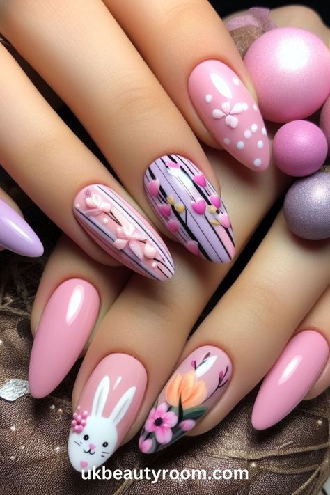 Step into the Easter vibe with these 21 fantastic nail designs! Whether it’s adorable bunnies or vibrant eggs, we’ve got you covered to make your nails pop! Spring, pretty pastel color, easy, natural, cute, simple, gel, acrylic, dip, for short nails, coffin, short, almond shape, long Easter Nails Almond Shape, Easter Nails Design Spring, Easter Nail Art Designs, Pastel Nail Art, Nails Easter, Simple Spring Nails, Adorable Bunnies, Easter Nail, Easter Nail Designs