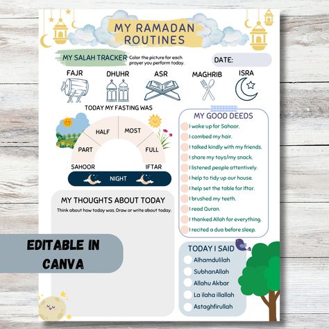 Ramadan Good Deeds For Kids, Ramadan Routine, Ramadan Activity Book, Salah Tracker, Ramadan Activity, Ramadan Journal, Spiritually Connected, Planner For Kids, Islam Ramadan