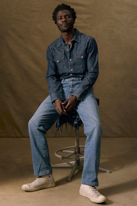 Western Outfit Men, Raw Denim Jacket, Double Denim Outfit, Mid Wash Jeans, Denim Shirt Outfit, Denim Outfit Men, Denim Editorial, Double Denim Looks, Blue Denim Shirt