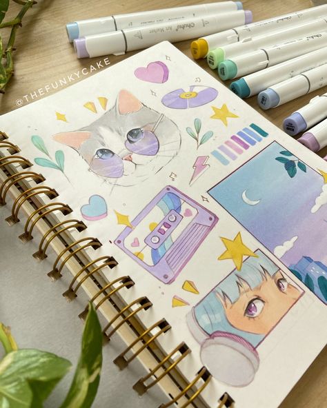 Sketchbook art 🎨 The full page of my sketchbook is finished! Do you like this color palette? Many people liked the cute cat in the glasses 🐱💕 I had to disappear for some days to catch up with work, but I can’t wait to share some new projects here! As always, thank you for your support. #sketchbook #markerart #sketchbookart #artoftheday #artsy #catart #cutecat #citypop #animeart #catillustration #cuteart #artist #markers Thank You Page For Project, Drawing Full Page, Color Markers Art, Artist Notebook, Cute Sketchbooks, Art Markers Drawing, Watercolour Ideas, Artist Markers, Sketchbook Inspo