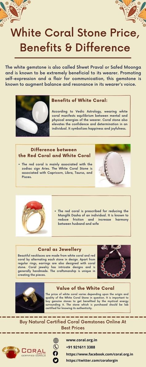 According to Vedic Astrology, wearing white coral manifests equilibrium between mental and physical energies of the wearer. Coral stone also elevates the confidence and determination in an individual. It symbolizes happiness and joyfulness. Coral Gemstone, Coral Ring, Coral Stone, Vedic Astrology, White Coral, Red Coral, The White, Astrology, Coral