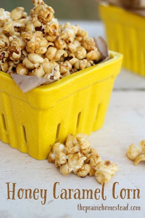 Honey Caramel Corn. I upped the salt to 1/8 tsp. and this worked well baked at 200 degrees, on a stainless steel baking sheet, for one hour, stirred every 15 minutes. Carmel Corn Recipe, Caramel Corn Recipe, Honey Popcorn, The Prairie Homestead, Caramel Corn Recipes, Prairie Homestead, Popcorn Recipes Caramel, Honey Caramel, Corn Recipe