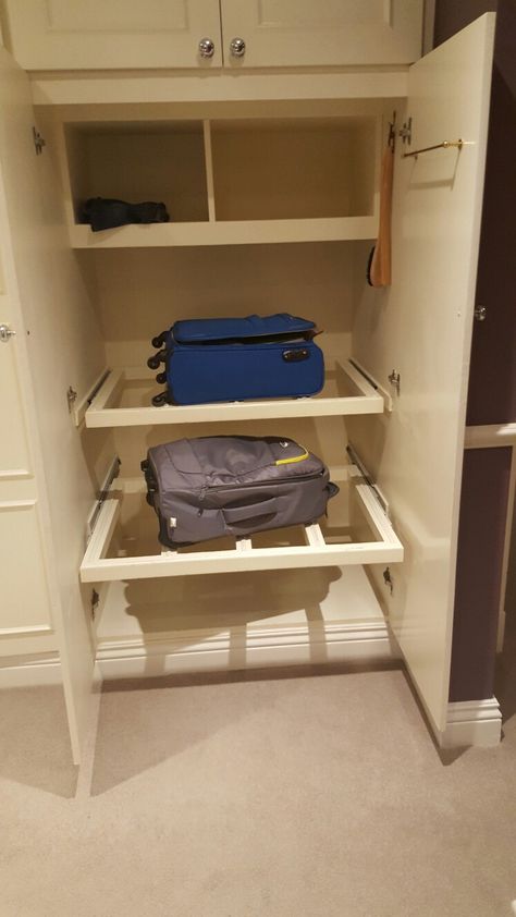 Luggage Storage Closet, Suitcase Holder Guest Room, Suitcase Rack Guest Bedrooms, Luggage Storage Ideas, Suitcase Storage Ideas, Rectangular Cases With Luggage Sleeve For Storage, Suitcase Cabinet, Suitcase With Shelves, Suitcase Rack