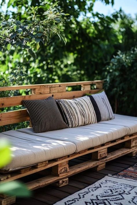 "Create a cozy and stylish outdoor seating area with a DIY Pallet Wood Sofa! 🪑🛠️ Perfect for those who love handmade crafts and outdoor living. 🌟✨ #OutdoorSofa #DIYGarden #PalletCrafts" Palate Furniture Outdoor, Pallet Bench Outdoor, Homemade Pillows, Diy Outdoor Seating, Diy Pallet Sofa, Pallet Seating, Pallet Patio, Outdoor Seating Area, Pallet Sofa