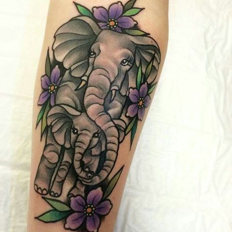 Elephant Tattoo by @alliealreadytattoo, Abandoned Art Malaga Neotraditional Elephant Tattoo, Trunk Up Elephant Tattoo, Elegant Elephant Tattoos, Elephant And Baby Tattoo, Mother And Baby Elephant Tattoo, Mom And Baby Elephant Tattoo, Tattoo Sister, Elephant Family Tattoo, Grey Ink Tattoos