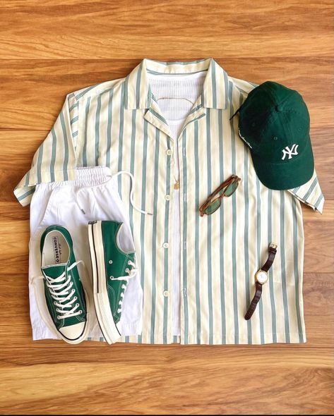 Mens Green Converse Outfit, Summer Outfits Men With Cap, Picnic Men Outfit, Aesthetic Green Outfits Men, Green Summer Outfit Aesthetic, Green And Cream Outfit Men, Green Converse Outfit Men, Picnic Outfit Ideas Men, Blue And Green Outfit Men