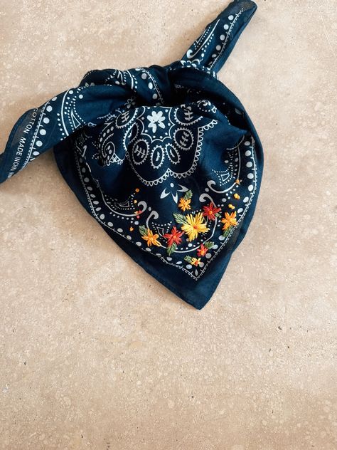 Cute and fashionable navy bandana embroidered with bright red, orange and yellow flowers. Sewing Things, Bandana Scarf, Bright Flowers, Denver Co, Embroidery And Stitching, Bandanas, Embroidery Patterns, Denver, Hand Embroidery