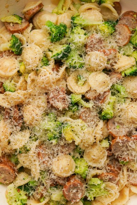 This Broccoli Sausage Pasta is one of my favorite weeknight dinners. Easily mix protein, veggies and pasta into a delicious dish that adults and kids will love. Chicken Sausage Broccoli Pasta, Sausage Pesto Pasta Recipes, Sausage Broccoli Recipes, Cavatelli And Broccoli Sausage, Pasta Broccoli Recipes, Sausage Veggie Pasta, Smoked Sausage Broccoli, Broccoli Sausage Pasta, Sausage And Pasta Recipes