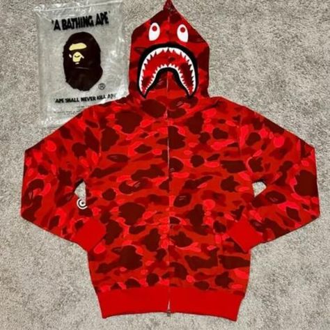 Red Camo Shark Full Zip Up Bape Hoodie Purple Bape Hoodie, Grey Bape Hoodie, Blue Bape Hoodie, Bape Full Zip Hoodie, Pink Bape Hoodie, Bape Shark Hoodie, Bape Jacket, Bape Shark, Bape Hoodie